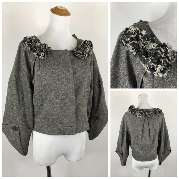 ROBERT RODRIGUEZ Brown White Specks Wool Silk Blend Rosette Applique Jacket - Picture 1 of 14